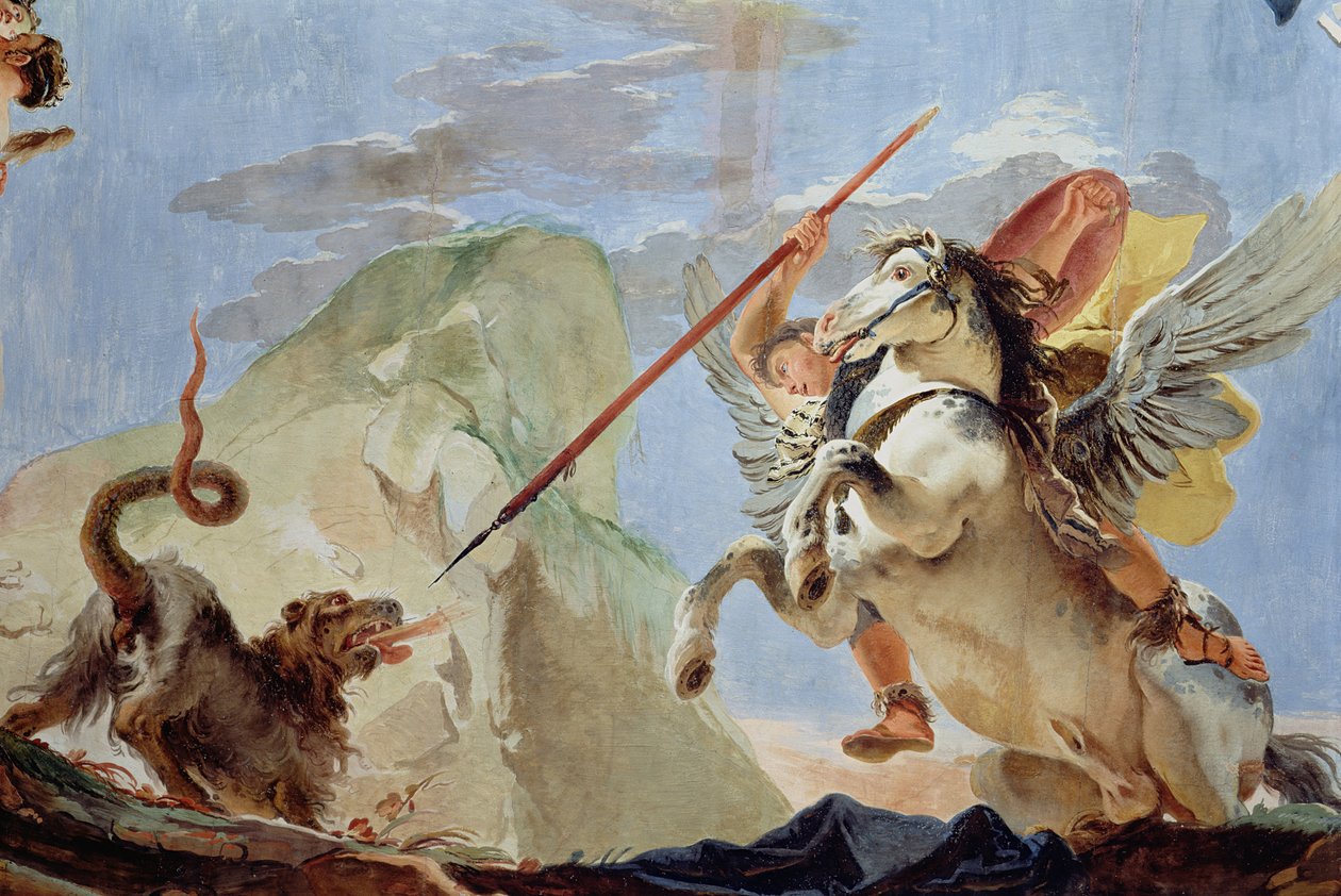 Bellerophon，骑飞马，杀死Chimaera，天花板壁画的细节也见64554 作者 乔凡尼·巴蒂斯塔·提埃波罗