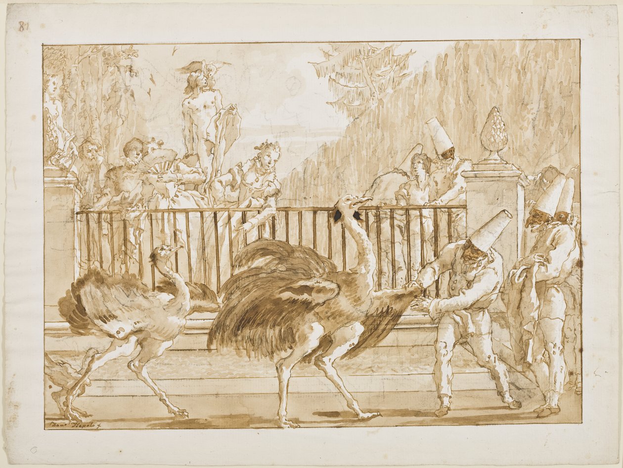 Punchinello与Ostriches，c.1800（笔和浅棕色墨水（可能是bistre）和刷在黑纸上用黑色粉笔擦洗） 作者 乔凡尼·巴蒂斯塔·提埃波罗