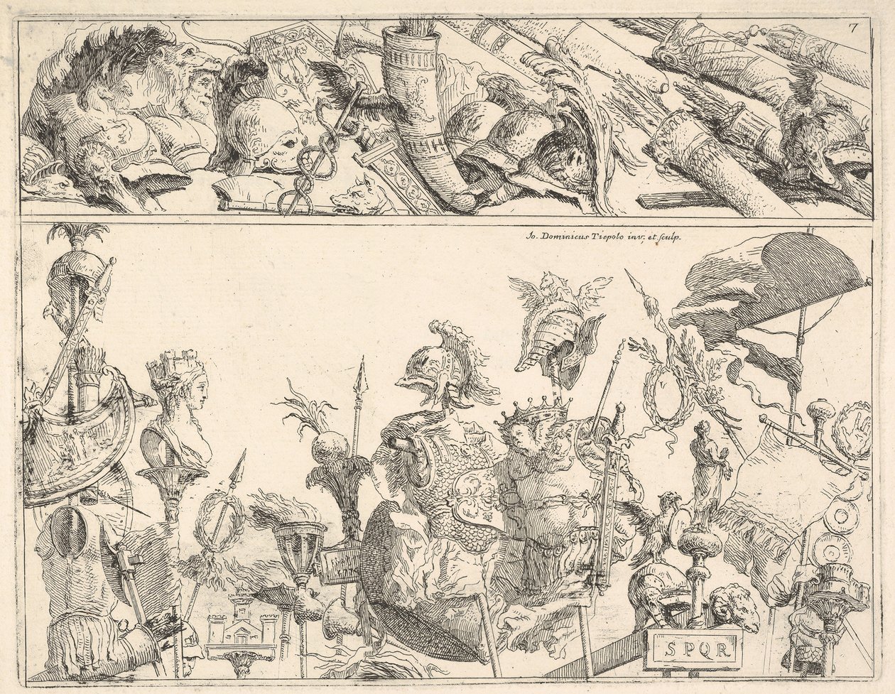 罗马武器，标准和奖杯，分为两个水平带，1774年。 作者 乔凡尼·巴蒂斯塔·提埃波罗