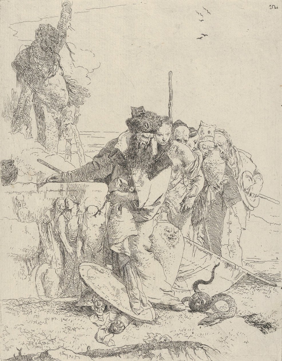 六个人在看一条蛇，来自《Scherzi》，约1743-50。 作者 乔凡尼·巴蒂斯塔·提埃波罗