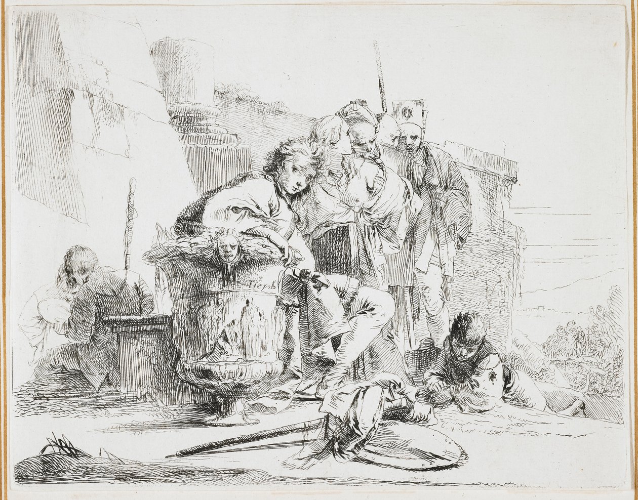 年轻人坐着，靠在一个瓮，从Vari Capricci（各种随想曲），1740年代的板块 作者 乔凡尼·巴蒂斯塔·提埃波罗