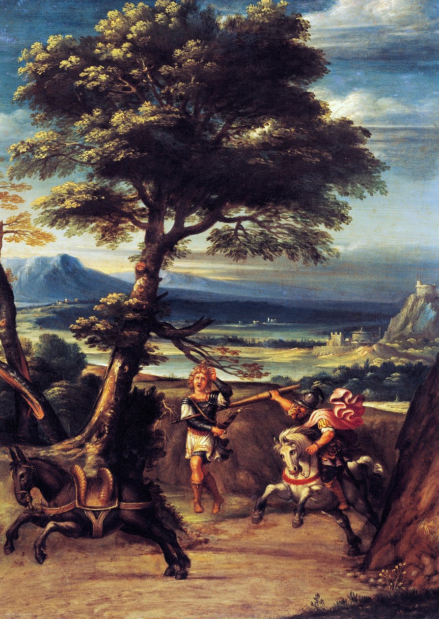《押沙龙被约押长矛刺伤的风景》，乔瓦尼·巴蒂斯塔·维奥拉（Giovanni Battista Viola，1576-1622 年）绘制，铜质油画，45x34 厘米 作者 Giovanni Battista中提琴