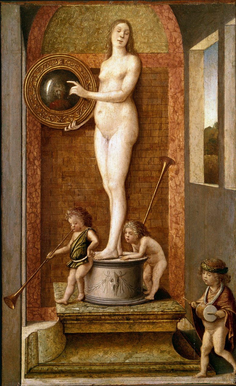 谨慎的寓言（或虚荣）。 乔瓦尼·贝利尼 (Giovanni Bellini)（约 1432-1516 年）在木头上作画说 il Giambellino 约 1490 年。 尺寸 34x21 厘米威尼斯，学院美术馆 作者 乔凡尼·贝里尼（Giovanni Bellini）