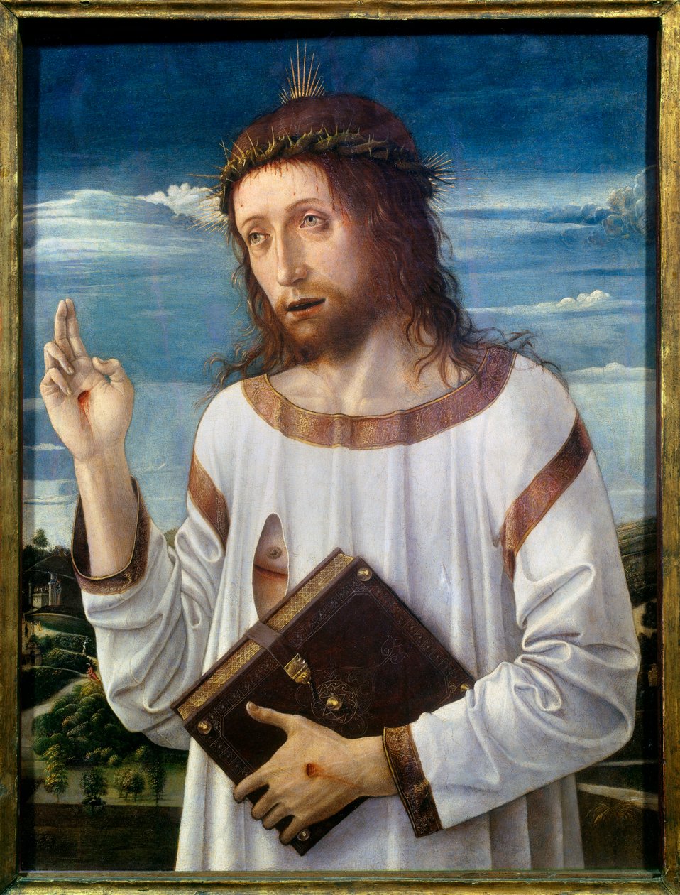Giovanni Bellini dit il Giambellino (1430-1516) 1460 Sun.0.58x0.46 m - 基督祝福。 Giovanni Bellini 的画作 Giambellino (1430-1516) 1460。0.58 x 0.46 m。 巴黎卢浮宫博物馆 作者 乔凡尼·贝里尼（Giovanni Bellini）
