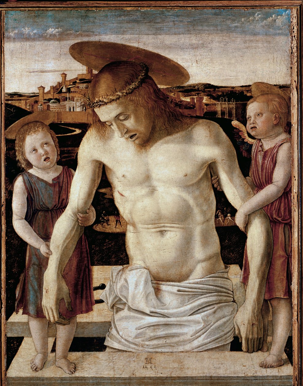 死去的基督和两个天使（面板上的蛋彩画 作者 乔凡尼·贝里尼（Giovanni Bellini）
