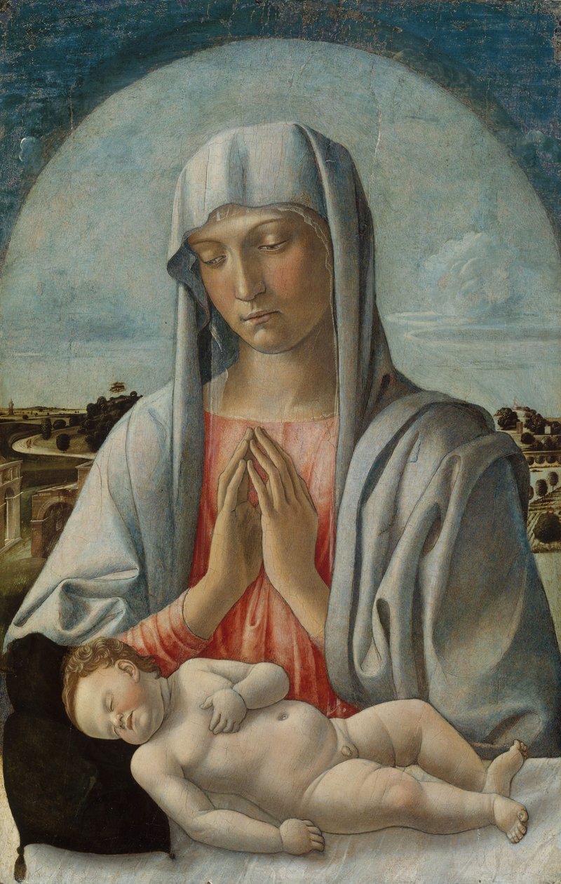圣母玛利亚（Madonna Adoring）睡着的孩子，约1460年（木头上的蛋彩画） 作者 乔凡尼·贝里尼（Giovanni Bellini）