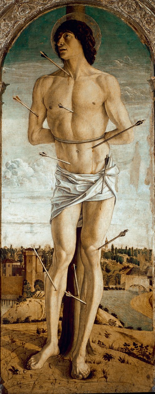 圣文森特-费雷尔的多联画：圣塞巴斯蒂安 (Polyptych of St Vincent Ferrer: St Sebastian) 乔瓦尼-贝里尼(Giovanni Bellini dit il Giambellino，约1432-1516) 1464-1468 Dim 167x67 cm Venice Chiesa dei Santi Giovanni e Paolo 作者 乔凡尼·贝里尼（Giovanni Bellini）