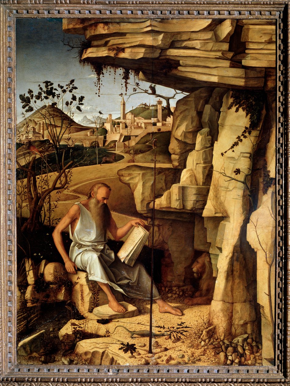 圣杰罗姆在沙漠中 乔瓦尼-贝利尼（Giovanni Bellini）（约1430-1516）的画作 1479年 Dim 145x114 cm 佛罗伦萨皮蒂宫 作者 乔凡尼·贝里尼（Giovanni Bellini）