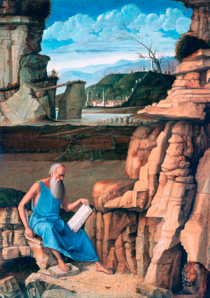 圣杰罗姆山水画读，c1480-1485 作者 乔凡尼·贝里尼（Giovanni Bellini）