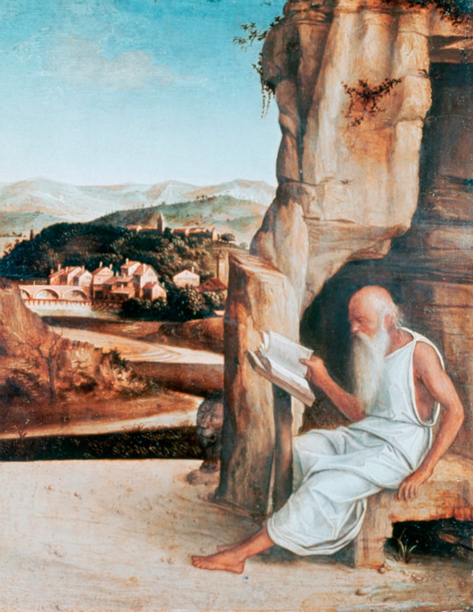 风景中的圣杰罗姆读书，c1450-1516 作者 乔凡尼·贝里尼（Giovanni Bellini）
