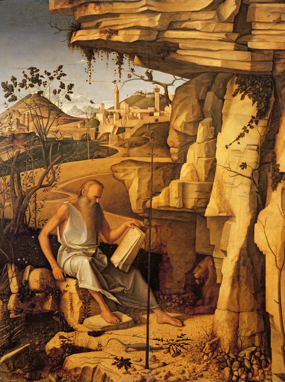 圣杰罗姆在沙漠中，1480-87 作者 乔凡尼·贝里尼（Giovanni Bellini）