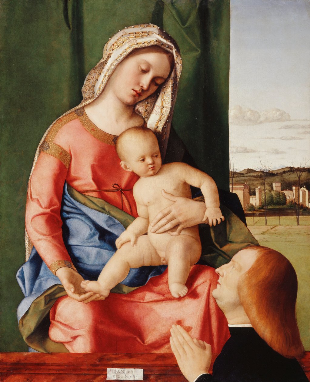 麦当娜和一个男供体的孩子，远处的风景， 作者 乔凡尼·贝里尼（Giovanni Bellini）