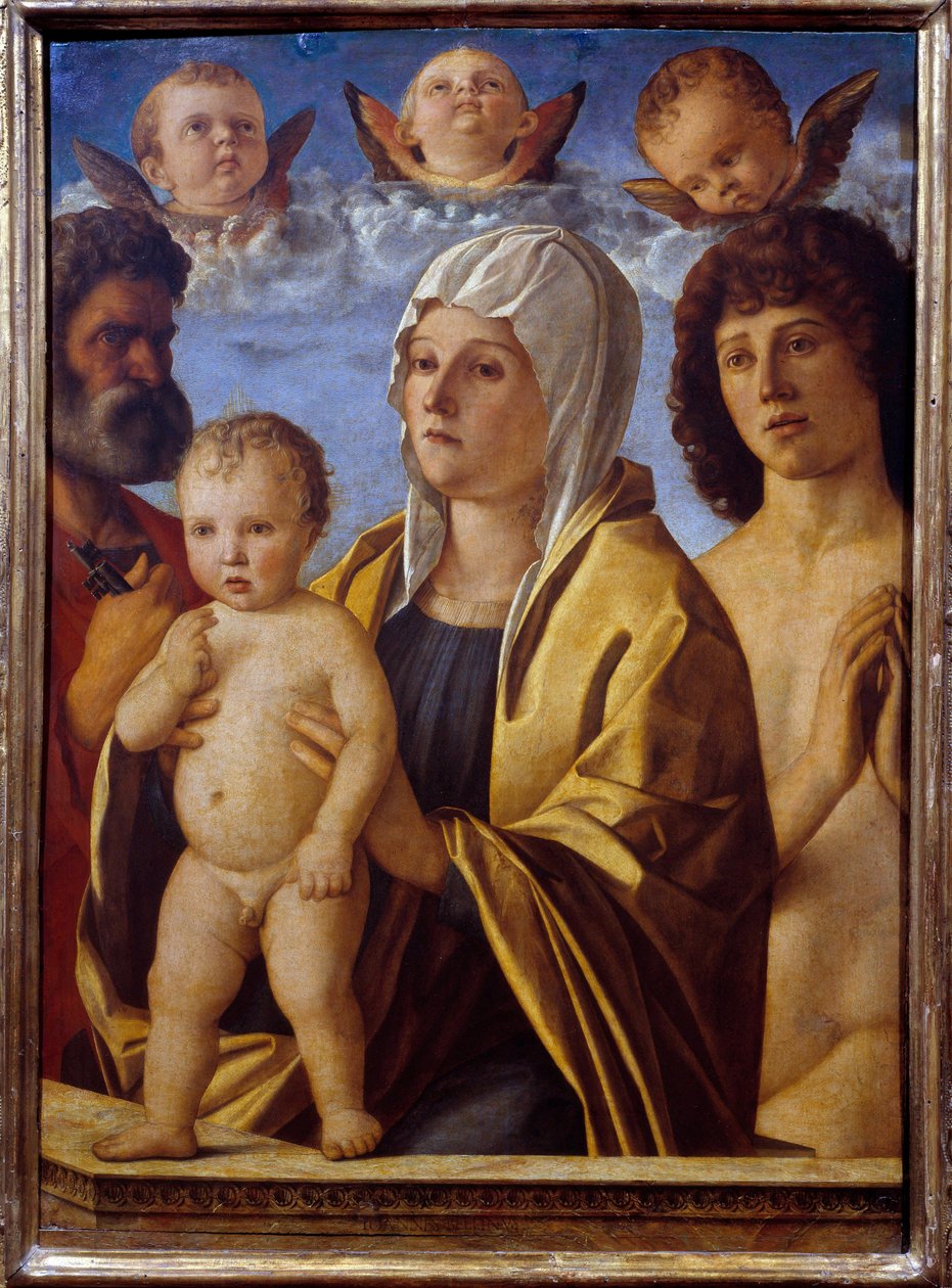 圣彼得和圣塞巴斯蒂安之间的圣母子耶稣 乔瓦尼·贝利尼 (Giovanni Bellini) dit il Giambellino (1430-1516) 16 世纪太阳作画。 0,82x0,58 m - 圣彼得和圣塞巴斯蒂安之间的圣母子耶稣。 乔瓦尼·贝利尼 (Giovanni Bellini) 的画作 G 作者 乔凡尼·贝里尼（Giovanni Bellini）
