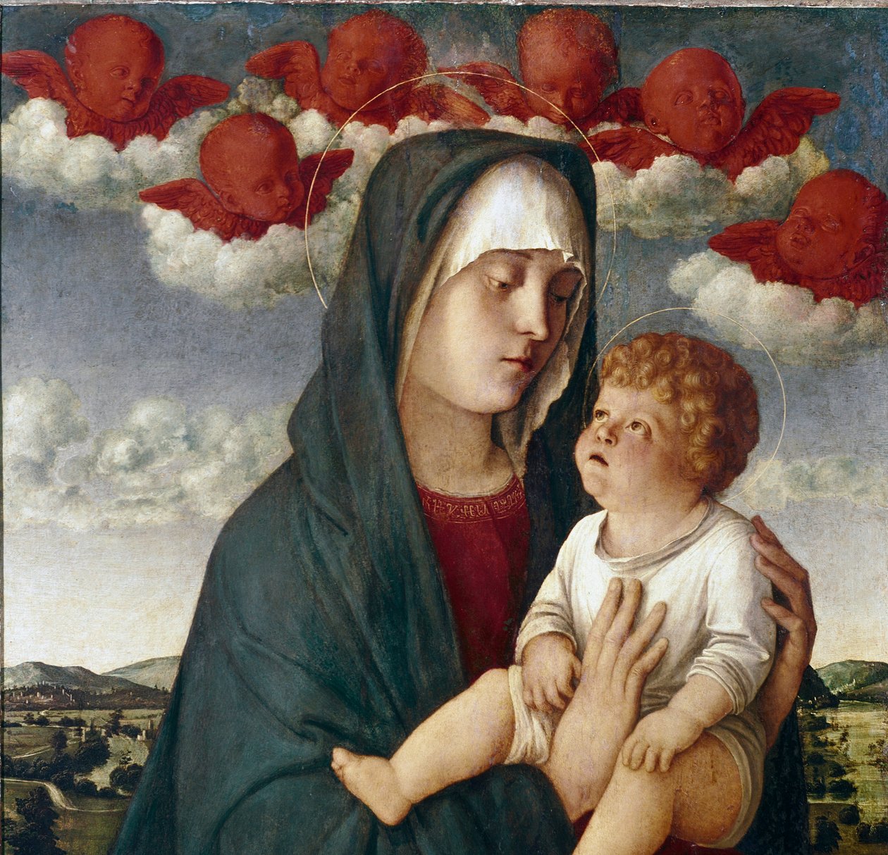 圣母与孩子和天使。详图（面板上的钢笔画 作者 乔凡尼·贝里尼（Giovanni Bellini）