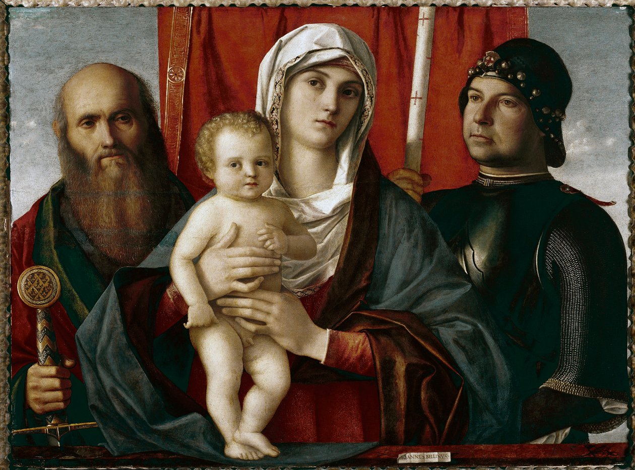 圣母子在圣保罗和圣乔治之间，乔瓦尼·贝利尼（Giovanni Bellini）和吉亚贝利诺 作者 乔凡尼·贝里尼（Giovanni Bellini）