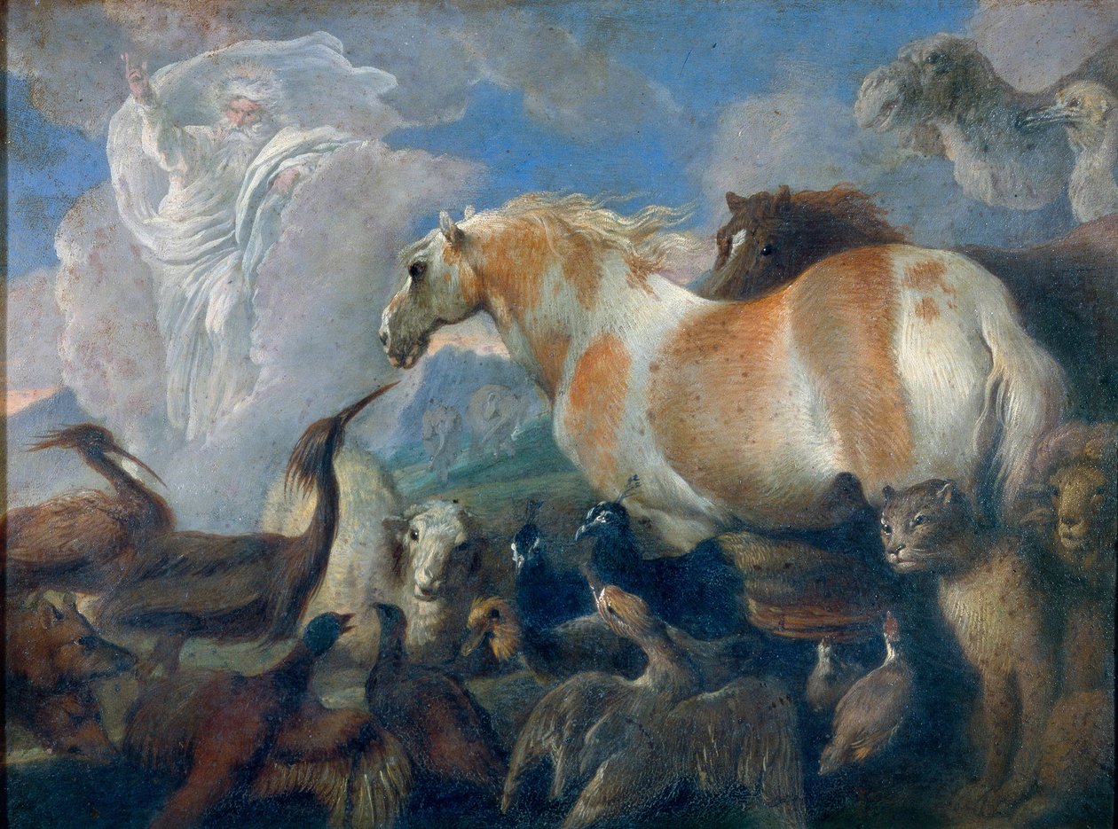 创造》（Genese）。Giovanni Benedetto Castiglione（1610-1665 年）的绘画，纸上水彩，17 世纪早期。意大利艺术（日内瓦） 作者 乔凡尼·贝内代托·卡斯蒂廖内