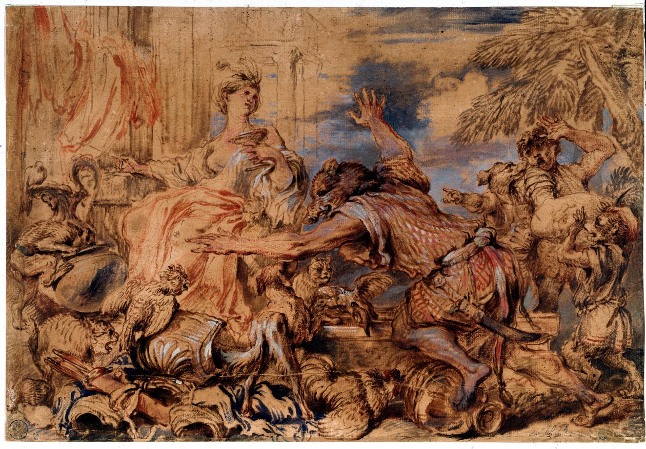 荷马的奥德赛：女巫 Circe 和 Odysseus (Ulysses) 的同伴变成了猪 - 绘图 作者 乔凡尼·贝内代托·卡斯蒂廖内