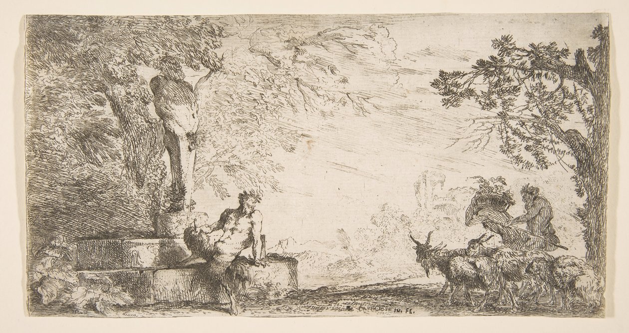 一个色狼，斜倚在普里珀斯（Priapus）雄蕊的脚下，右边是山羊。 1645-48。 作者 乔凡尼·贝内代托·卡斯蒂廖内