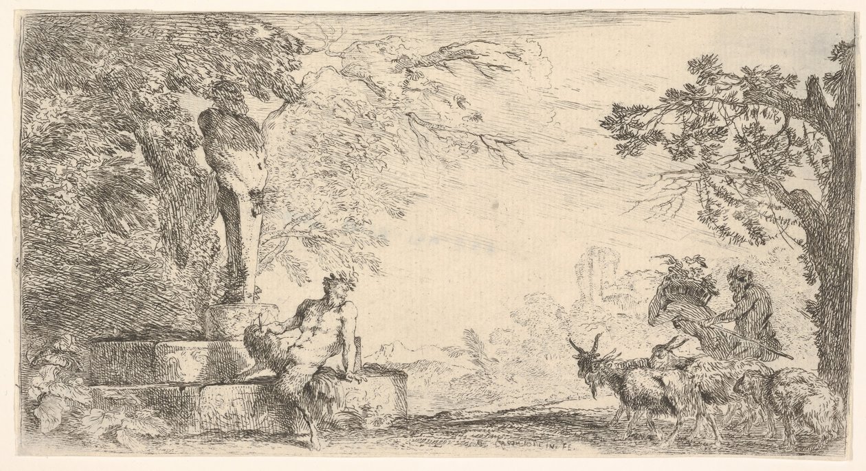 一个色狼，斜倚在普里珀斯（Priapus）雄蕊的脚下，右边是山羊。 1645-48。 作者 乔凡尼·贝内代托·卡斯蒂廖内