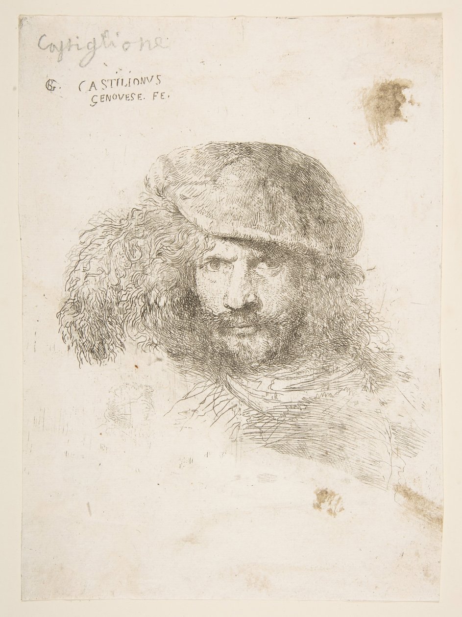 戴羽毛帽的人的头，可能是贝尔尼尼，可能是自画像。 1645-1650。 作者 乔凡尼·贝内代托·卡斯蒂廖内