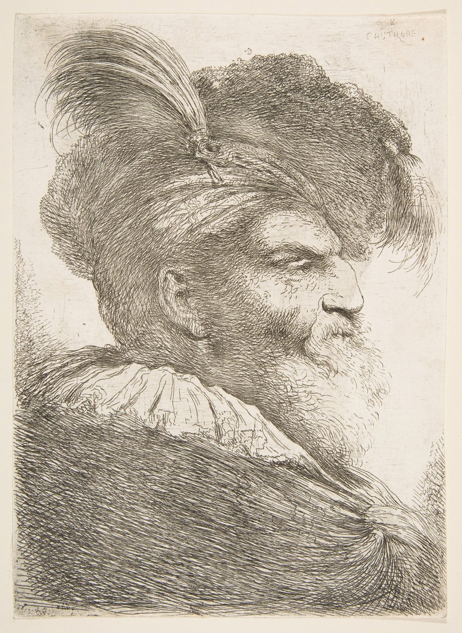 一位朝右的老人的头，出自一系列大型东方元首，ca。 1645-1650。 作者 乔凡尼·贝内代托·卡斯蒂廖内