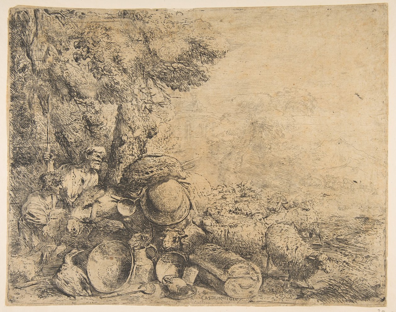 两只牧羊人，一头驴和其他动物在风景中，ca。 1638-1640。 作者 乔凡尼·贝内代托·卡斯蒂廖内