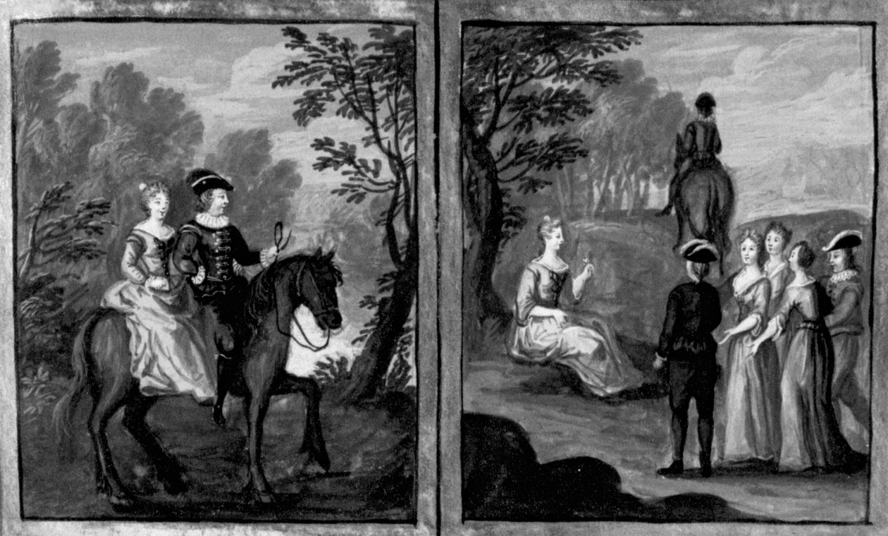 十日谈》，奥雷塔夫人同意与骑士同骑；奥雷塔下马。第六天，短篇小说 1 作者 乔瓦尼·薄伽丘