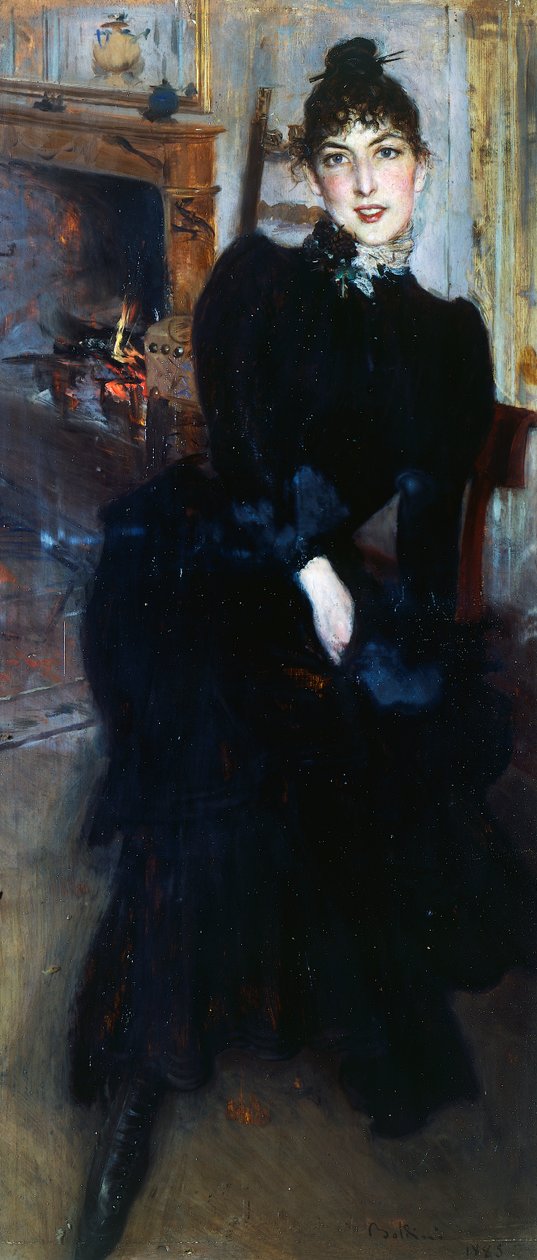 壁炉旁的 Alaide Banti（面板上的油） 作者 乔凡尼·博尔迪尼（Giovanni Boldini）