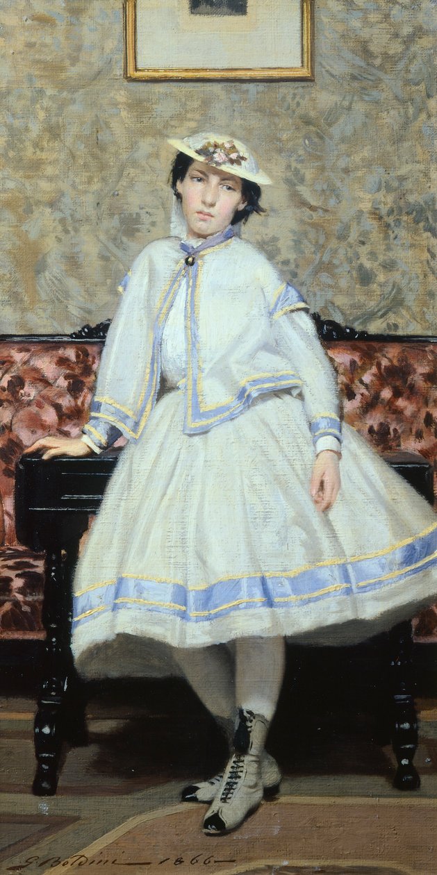 乔瓦尼-博尔迪尼（1842-1931）的《白衣阿莱德-班蒂》，布面油画，42x23厘米 作者 乔凡尼·博尔迪尼（Giovanni Boldini）