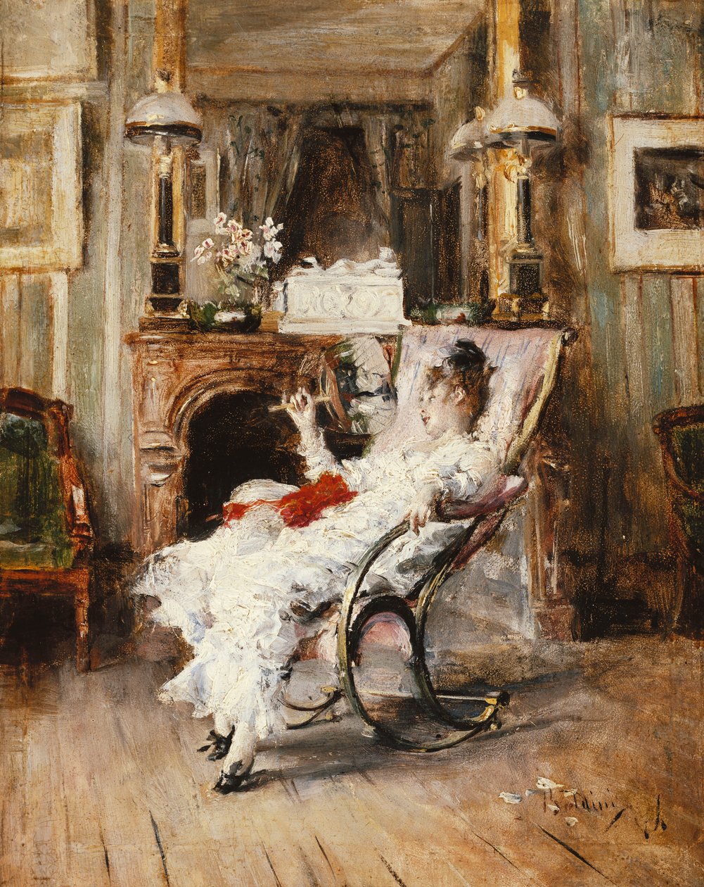 1874年，一位优雅的女士拿着扇子 作者 乔凡尼·博尔迪尼（Giovanni Boldini）