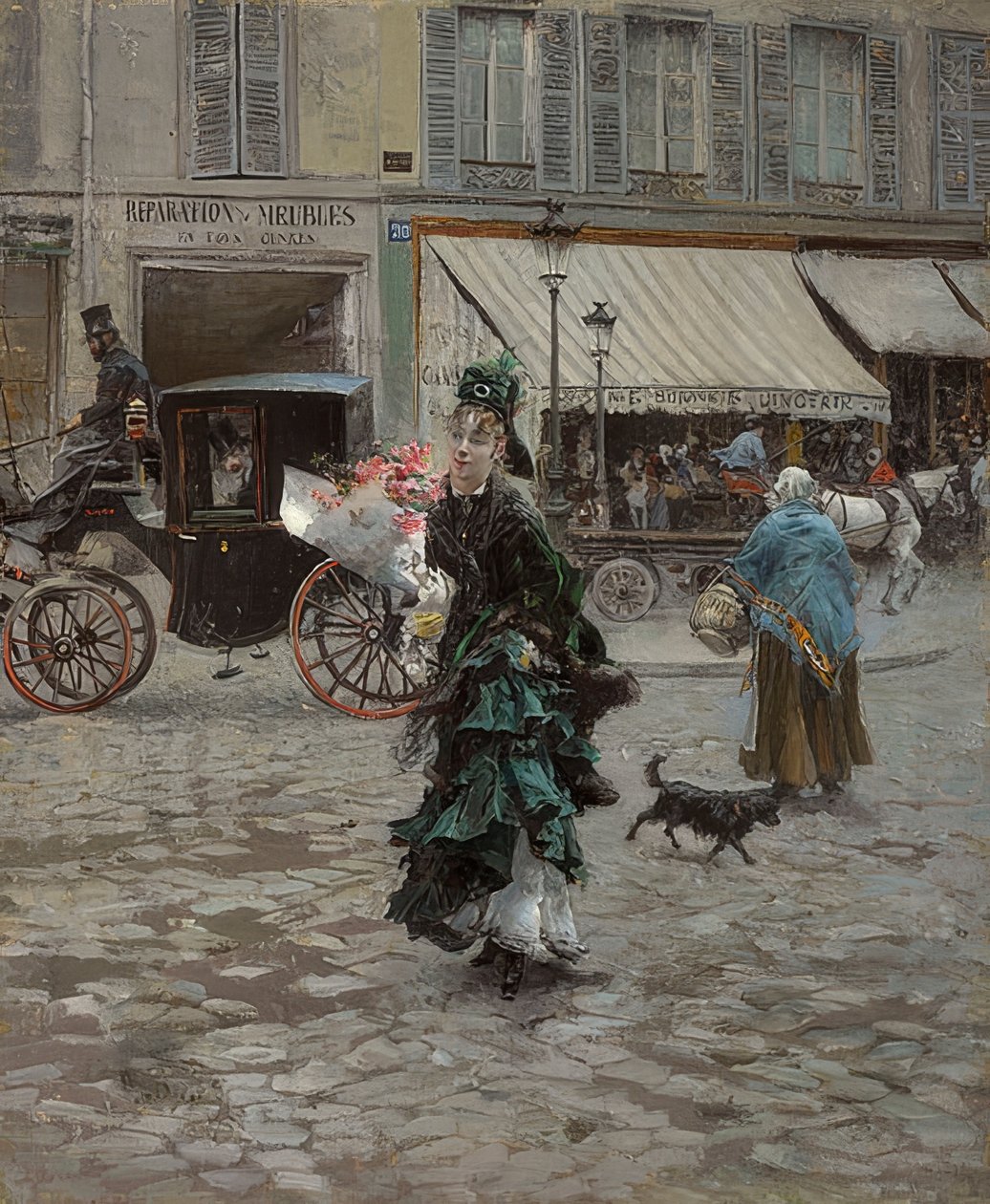 过马路时。 1873年？75 作者 乔凡尼·博尔迪尼（Giovanni Boldini）