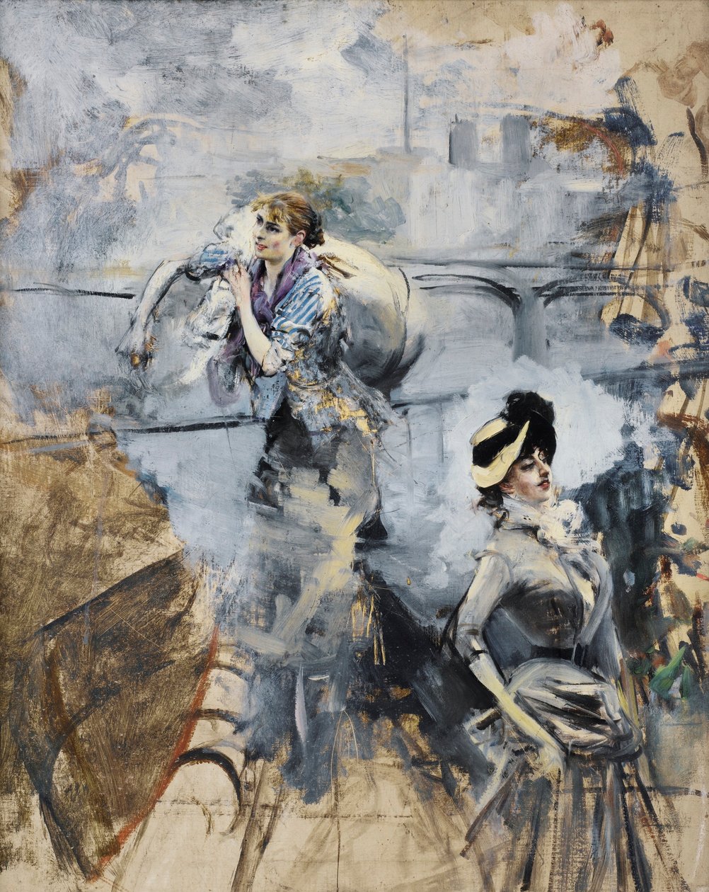 Boldini - 巴黎塞纳河畔的洗衣女工和年轻的布鲁内特 作者 乔凡尼·博尔迪尼（Giovanni Boldini）