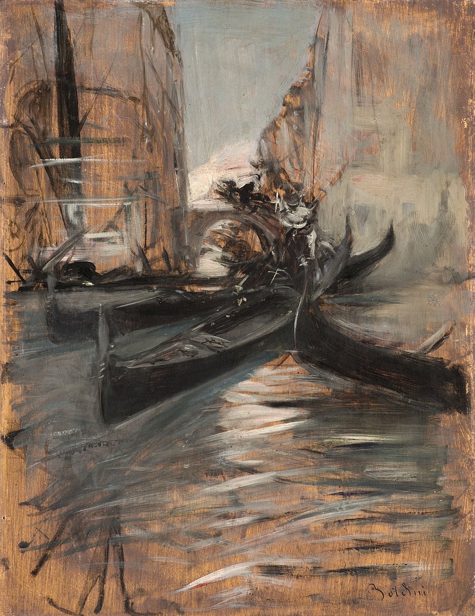 有长平底船的运河，威尼斯，意大利，1910-14 作者 乔凡尼·博尔迪尼（Giovanni Boldini）