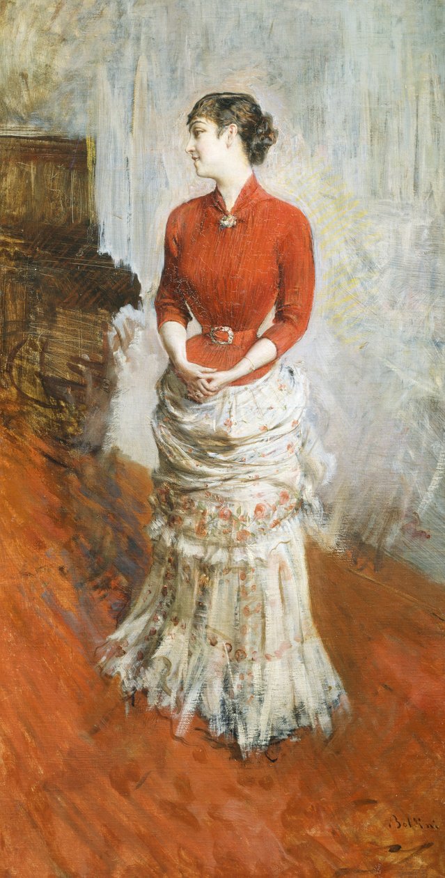 拉斯蒂伯爵夫人站立，约1878年，由乔瓦尼-博尔迪尼（1842-1931）创作，布面油画。 作者 乔凡尼·博尔迪尼（Giovanni Boldini）