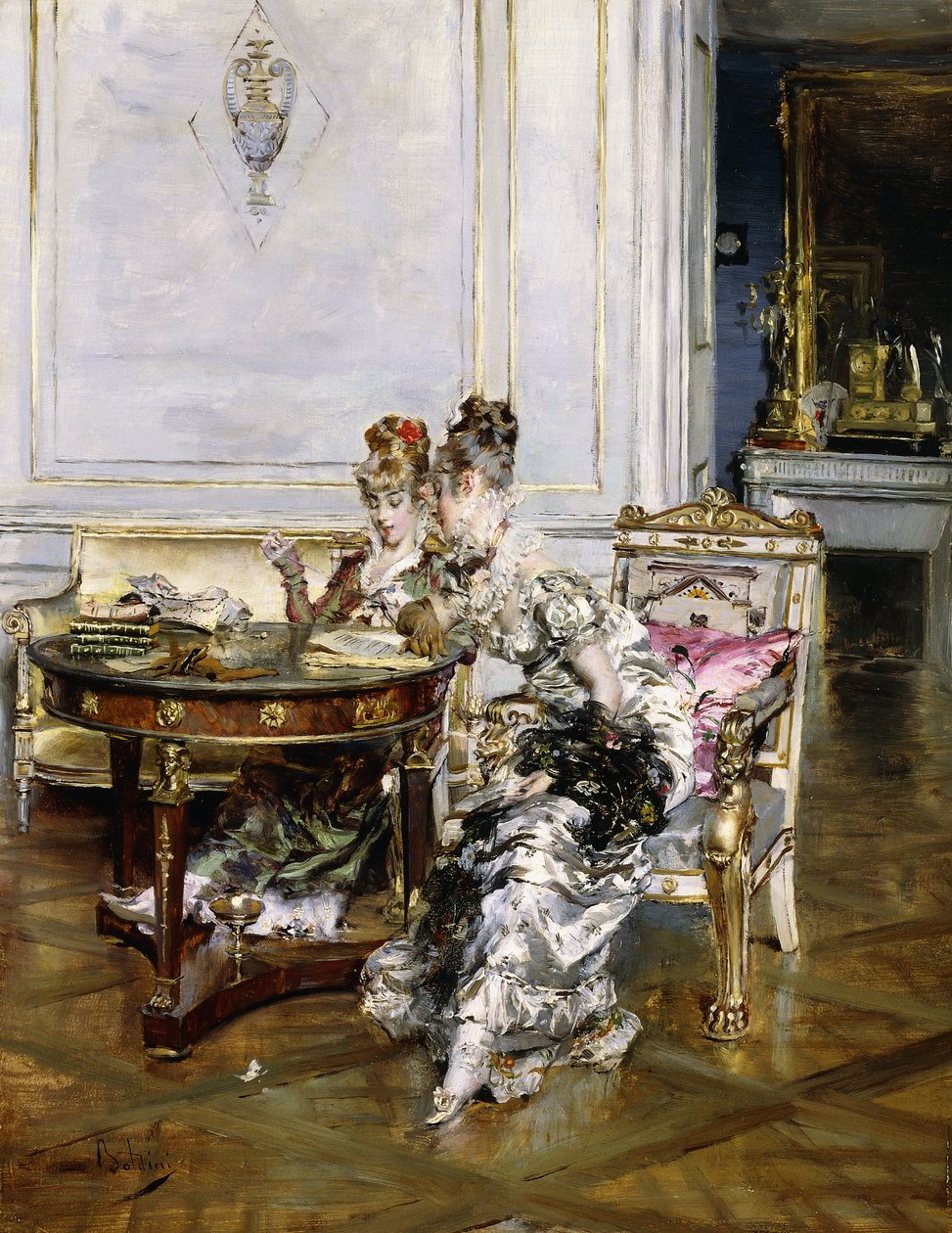 内饰中的优雅女士，约1875年 作者 乔凡尼·博尔迪尼（Giovanni Boldini）