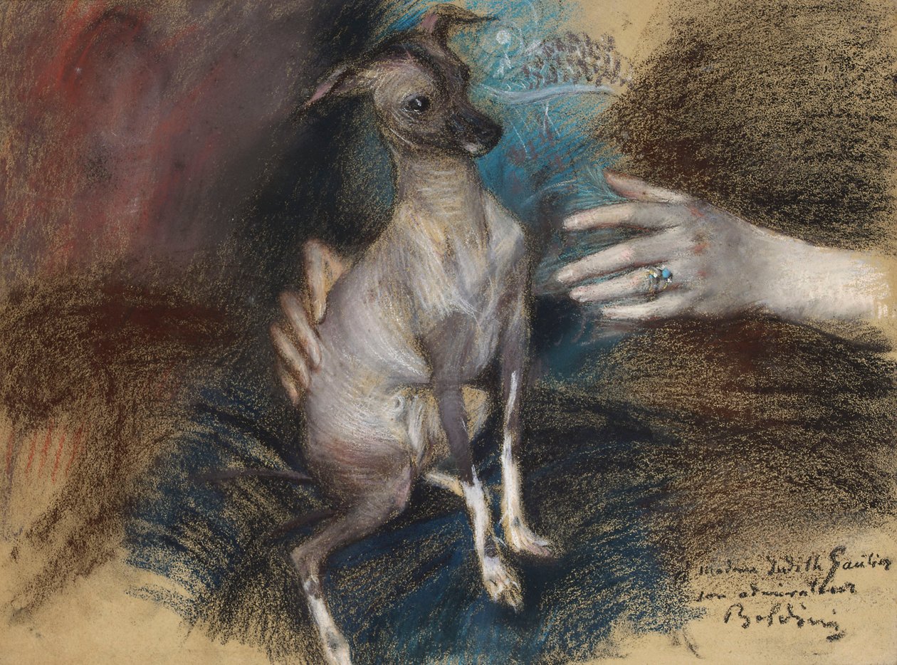 带狗的优雅女士（纸上的粉彩和木炭） 作者 乔凡尼·博尔迪尼（Giovanni Boldini）
