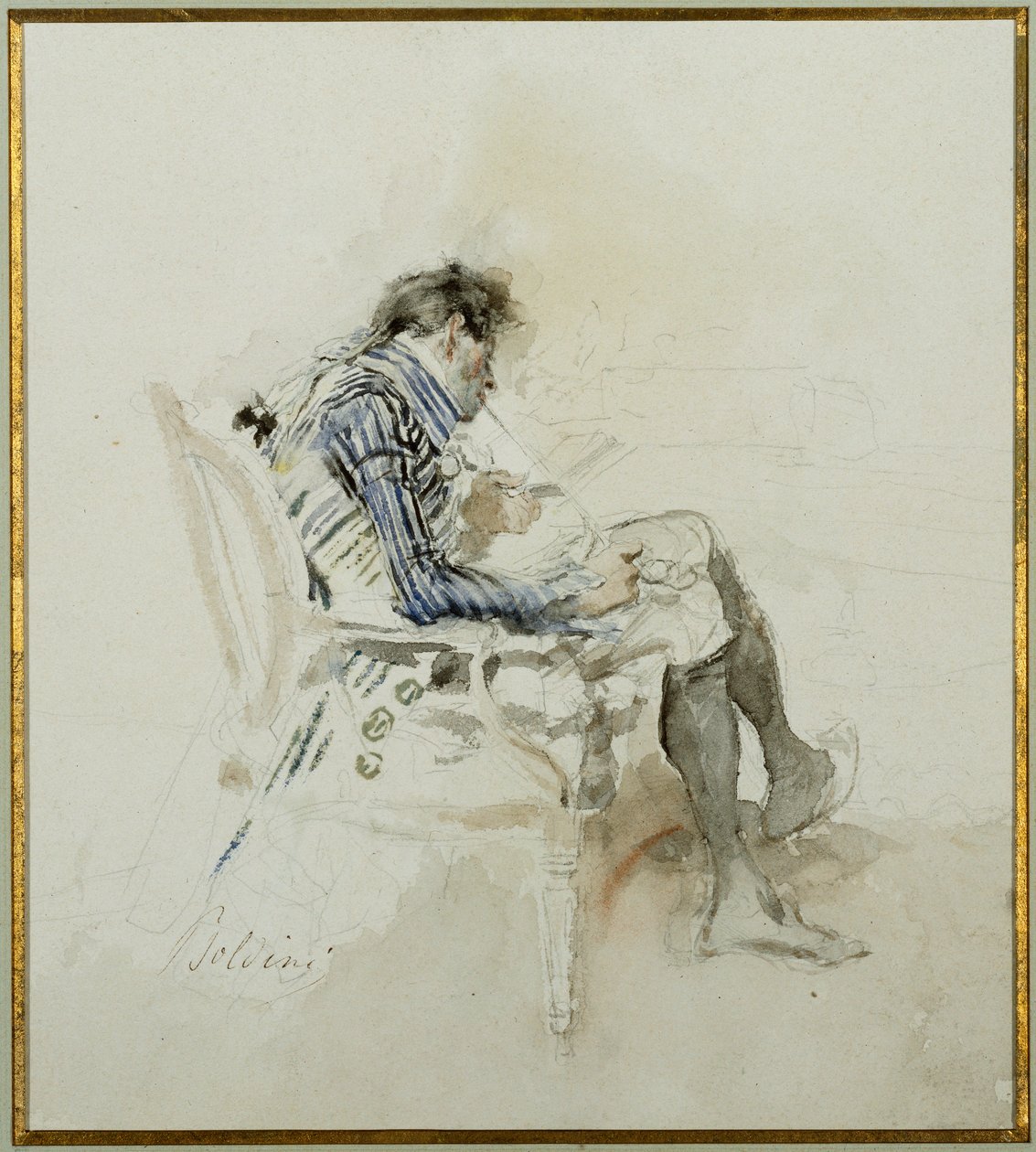 绅士坐在扶手椅上看书，抽烟斗 作者 乔凡尼·博尔迪尼（Giovanni Boldini）