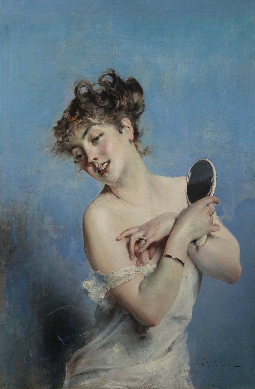 Giovane donna in déshabillé La toilette, c. 1880. 作者 乔凡尼·博尔迪尼（Giovanni Boldini）