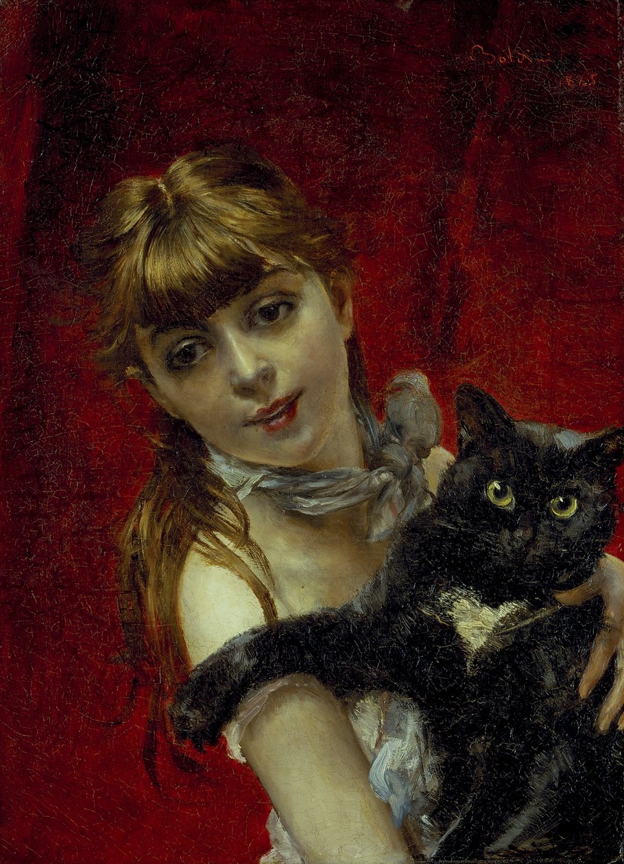 与黑猫在一起的女孩，约 1885 年（布面油画） 作者 乔凡尼·博尔迪尼（Giovanni Boldini）
