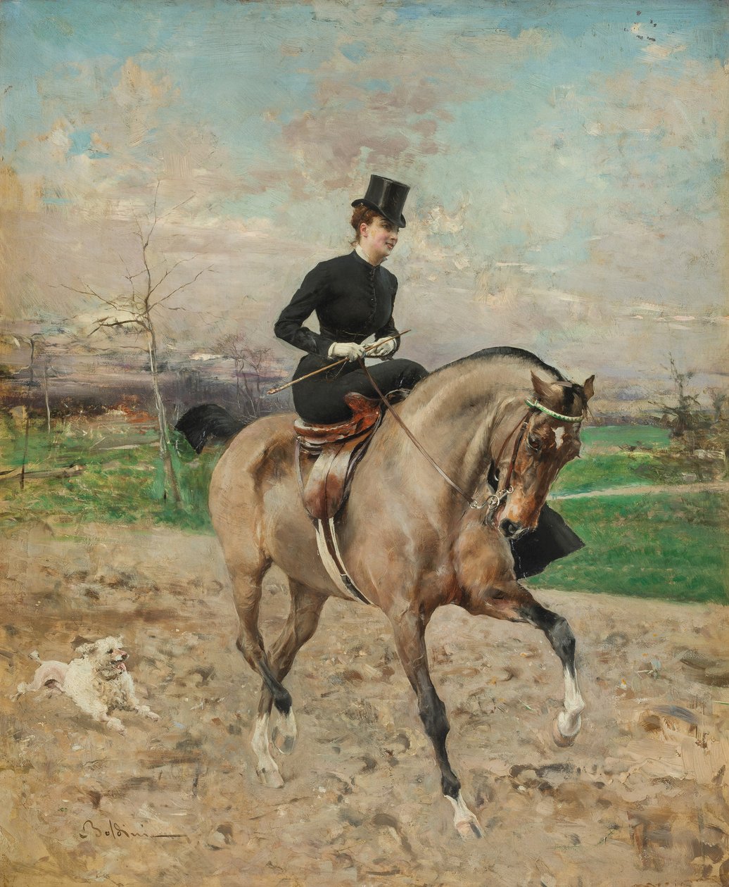 女骑士。 1878年，爱丽丝·雷诺（AliceRégnault）骑马。 作者 乔凡尼·博尔迪尼（Giovanni Boldini）