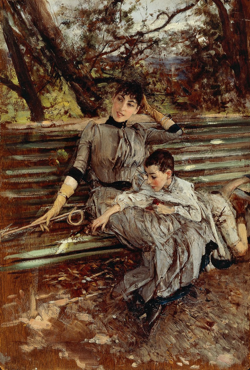 在花园或 Alaide 和 Ottavio Banti，大约 1884 年，Giovanni Boldini（1842-1931 年）绘，油画，34x24 厘米 作者 乔凡尼·博尔迪尼（Giovanni Boldini）