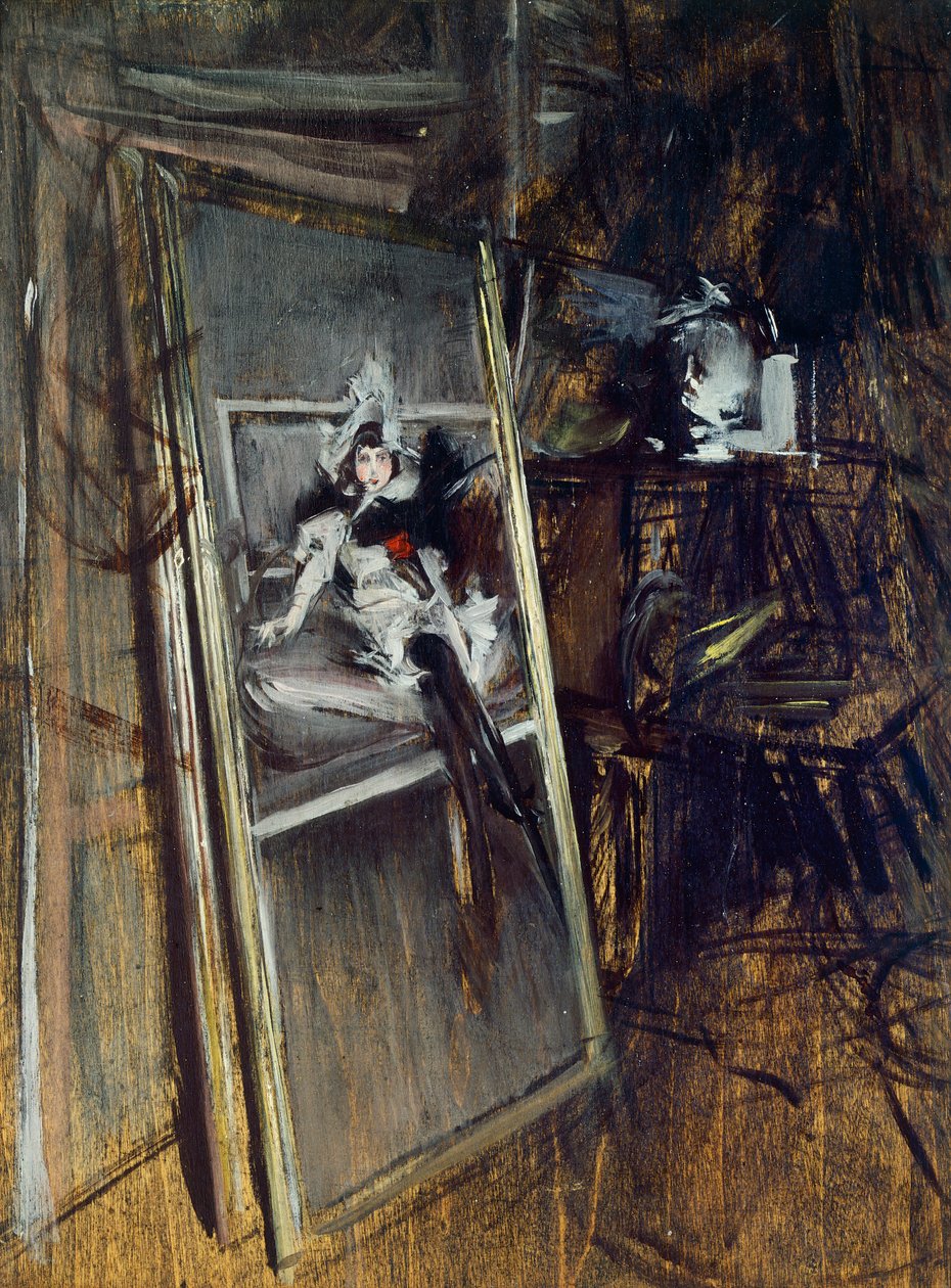 画家工作室内部，有乔万尼-波尔迪尼（1842-1931）的画作《年轻女孩，埃拉苏里兹》。 作者 乔凡尼·博尔迪尼（Giovanni Boldini）