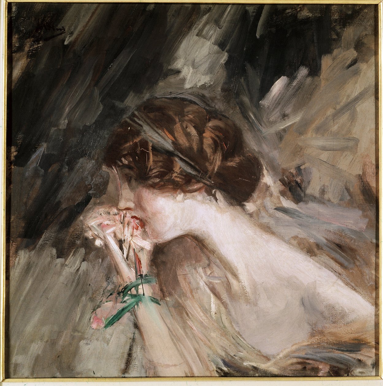 珍妮。 Giovanni Boldini (1842-1931) 的绘画，十九世纪末二十世纪初。 布面油画。 Galleria d