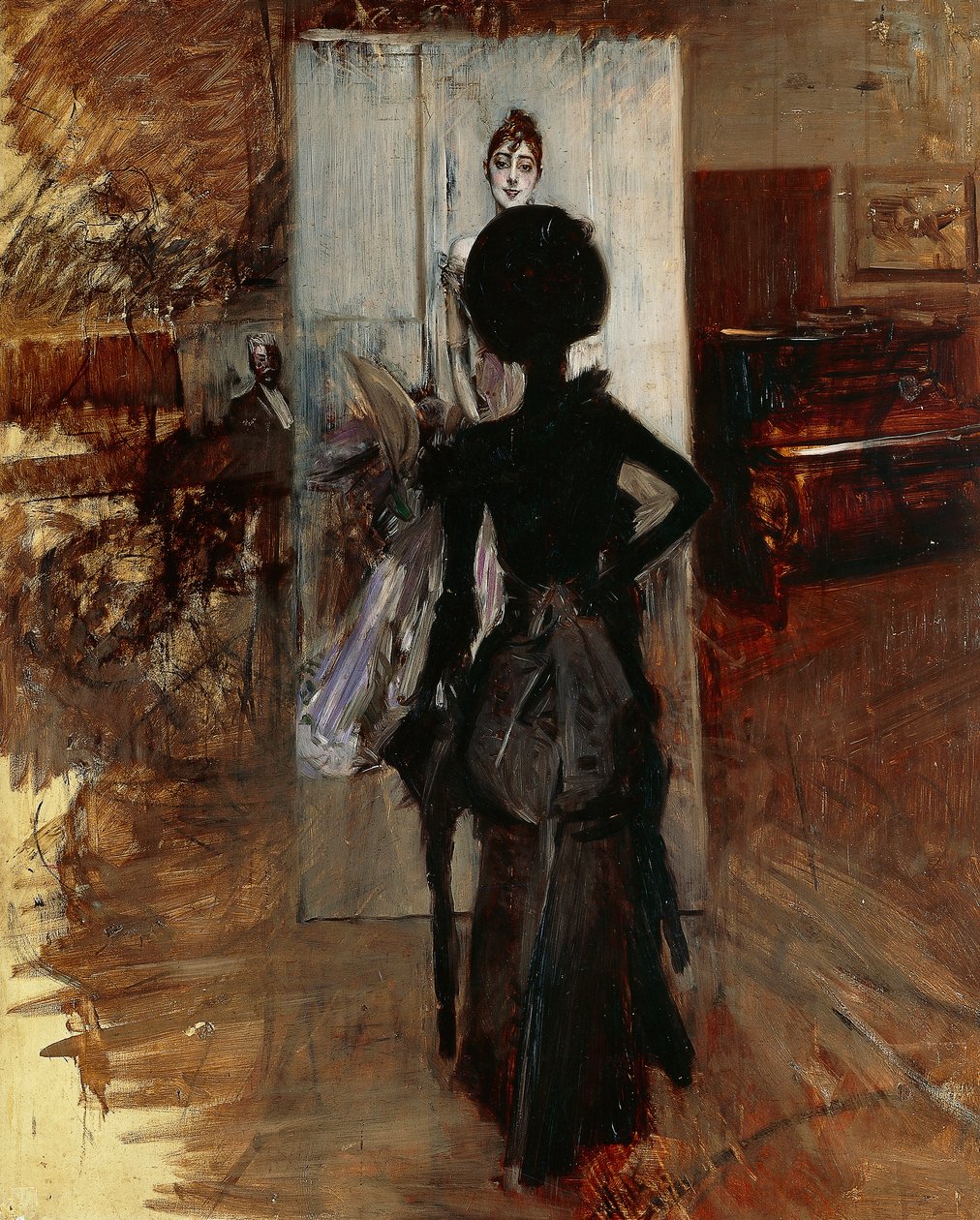 乔万尼-博尔迪尼(1842-1931)在画家的工作室里面对白色粉笔画的女士 作者 乔凡尼·博尔迪尼（Giovanni Boldini）