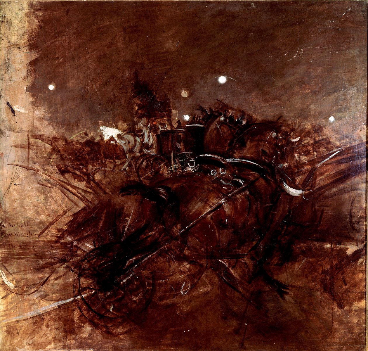 蒙马特的夜曲。 乔瓦尼·博尔迪尼 (Giovanni Boldini) (1842-1931) 的绘画，大约 1883 年。布面油画。 昏暗的 120x135cm。 皮斯托亚，博尔迪尼收藏 作者 乔凡尼·博尔迪尼（Giovanni Boldini）