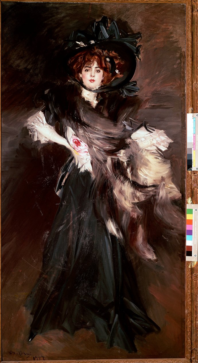 Mademoiselle Lantelme 肖像 年轻女子穿着黑色时尚 Belle Epoque。 Giovanni Boldini (1842-1931) 1907 Sun. 227x118 cm 罗马，国家现代艺术画廊 作者 乔凡尼·博尔迪尼（Giovanni Boldini）