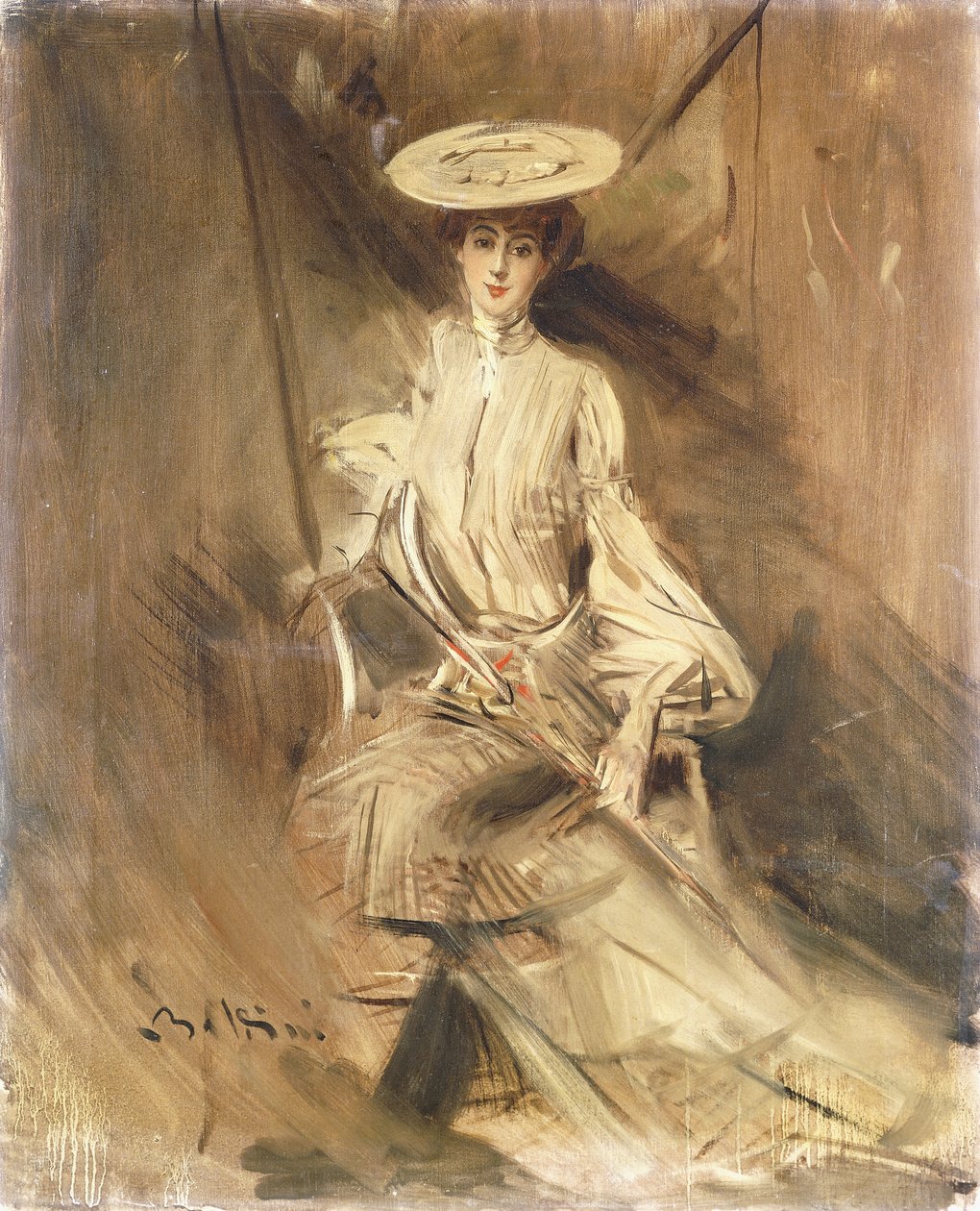 坐着的女士的画像，带着阳伞， 作者 乔凡尼·博尔迪尼（Giovanni Boldini）