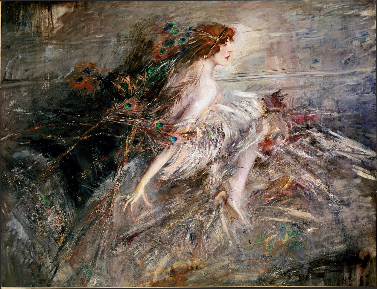 乔瓦尼·博尔迪尼（Giovanni Boldini）的孔雀羽毛装饰侯爵夫人卡萨蒂肖像 作者 乔凡尼·博尔迪尼（Giovanni Boldini）