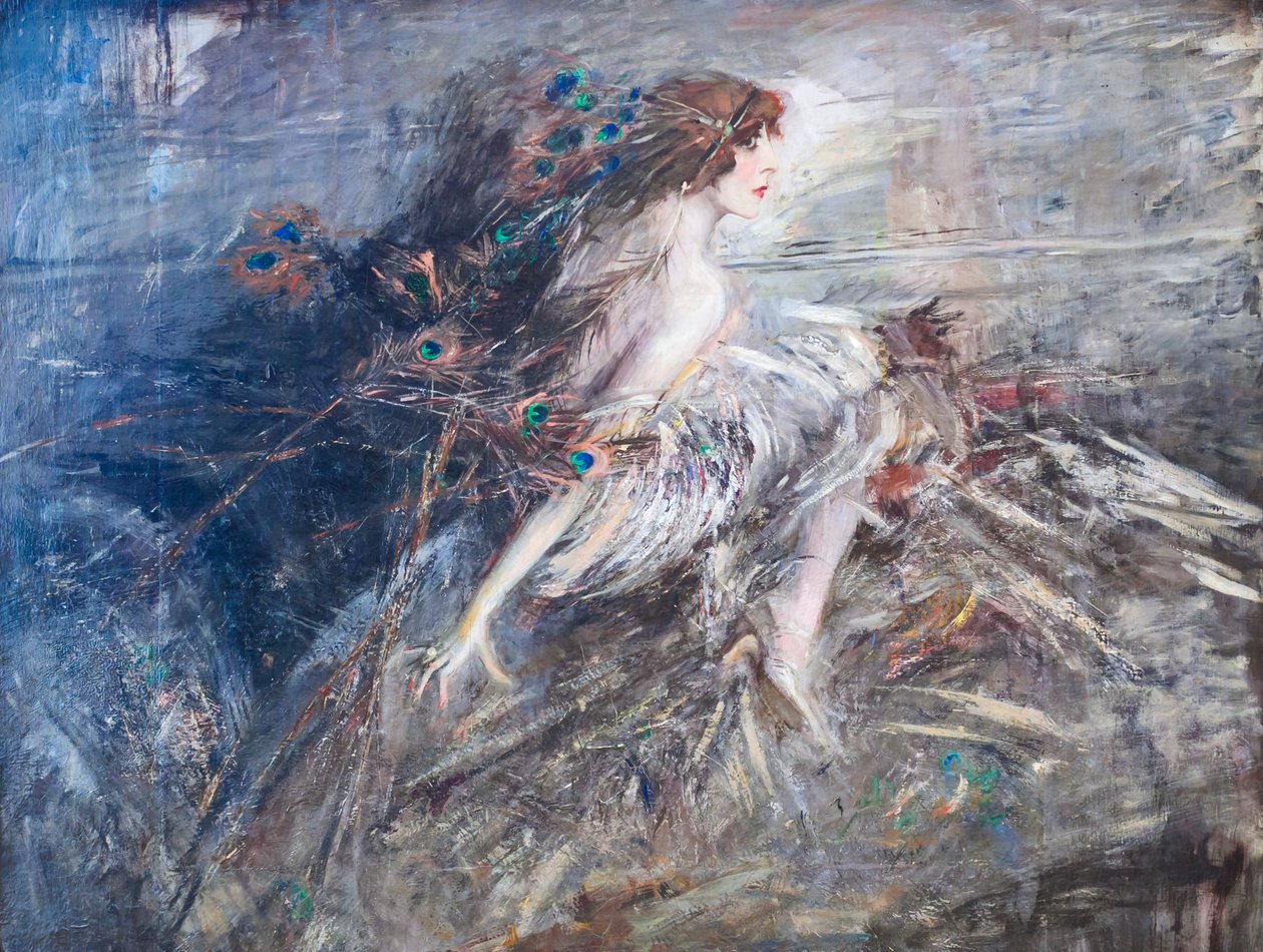 插着孔雀羽毛的卡萨蒂侯爵夫人肖像 作者 乔凡尼·博尔迪尼（Giovanni Boldini）