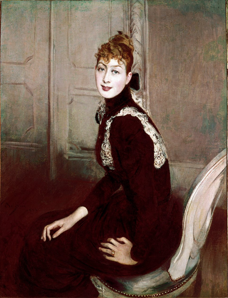 弗兰佐尼侯爵夫人的画像。 乔瓦尼·博尔迪尼 (1842-1931) 的绘画 作者 乔凡尼·博尔迪尼（Giovanni Boldini）